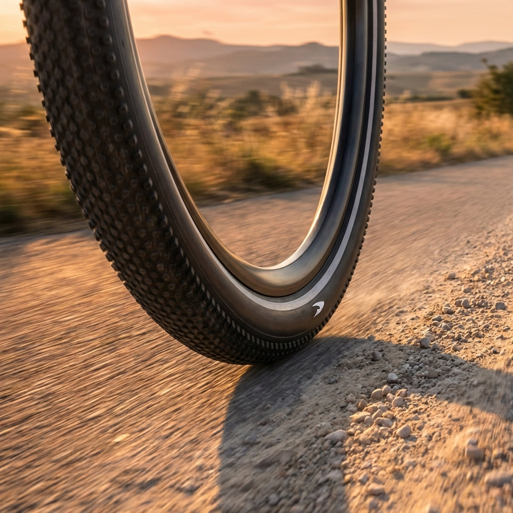 Schwalbe G-ONE Allround Performance Line 29 Zoll Gravel-Faltreifen auf Schotterweg in Bewegung, bei Sonnenuntergang.