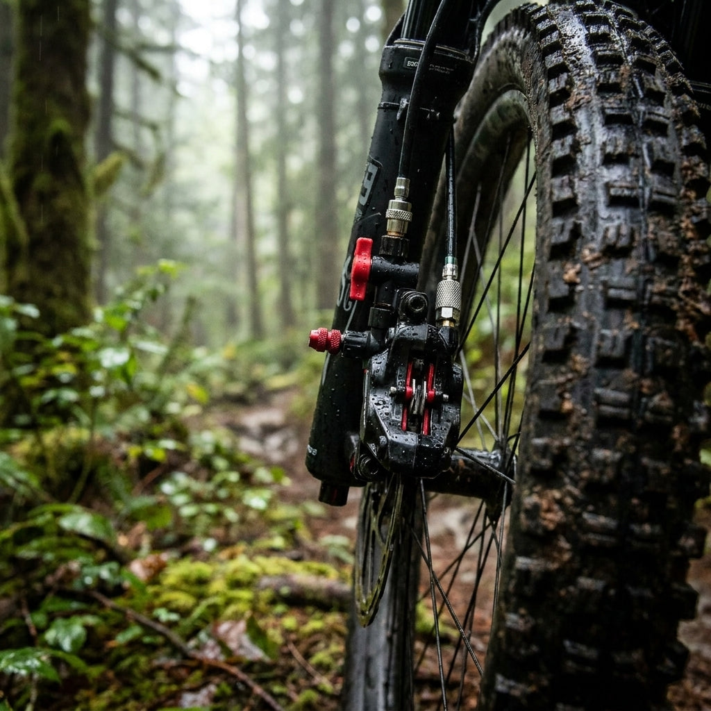 Schlammiger Mountainbike-Vorderreifen mit schwarzem SRAM Post-Mount Bremssattel im Wald. Zuverlässige Scheibenbremse.