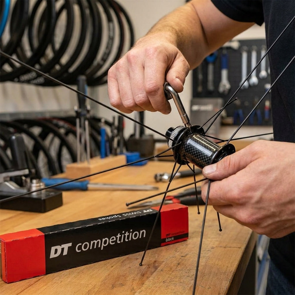 Person montiert schwarze DT SWISS Competition Speichen an einem Laufrad in der Fahrradwerkstatt.