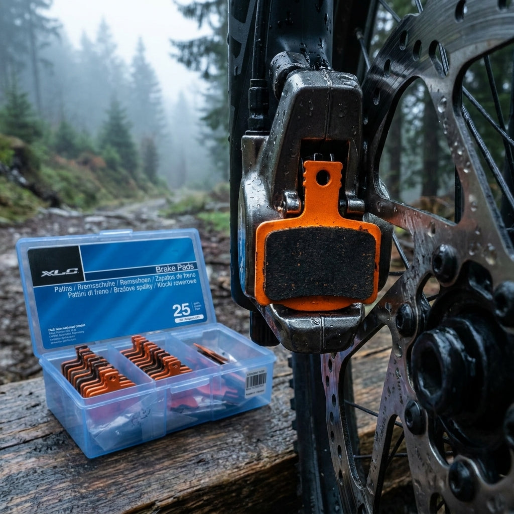 XLC BP-O32 organische Scheibenbremsbeläge (25 Stk. Werkstattbox) am Mountainbike und als Vorrat im Wald.