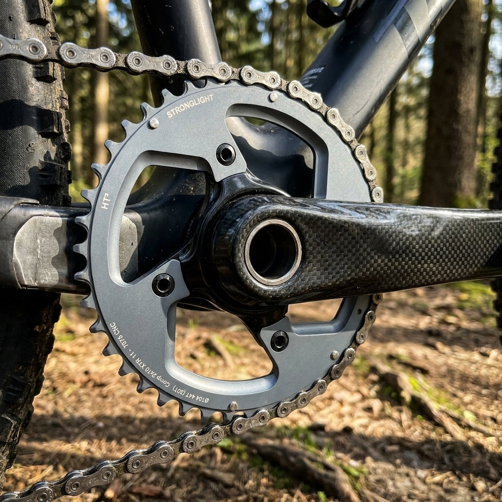 Silbernes Stronglight HT3 Kettenblatt 44 Zähne 104mm für 2x10 XTR am Mountainbike mit Carbon-Kurbel.