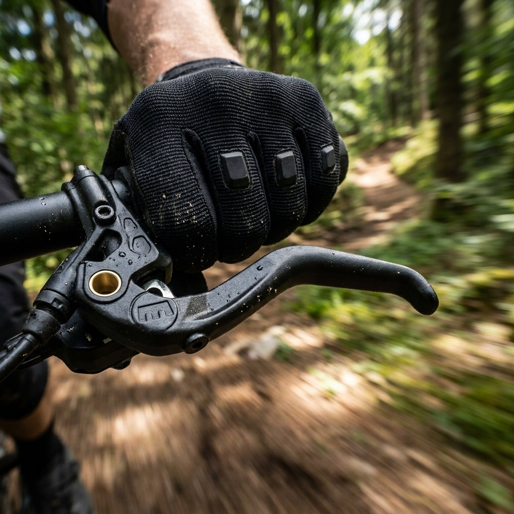 MAGURA HS33 2-Finger Bremshebel schwarz am Mountainbike im Einsatz für präzise Bremskontrolle.