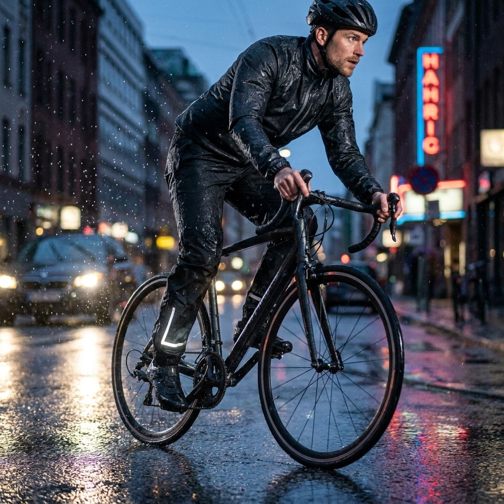 Mann in Basil Fahrrad Regenhose Skane Herren jet black M fährt nachts im Regen Fahrrad, reflektierende Streifen.