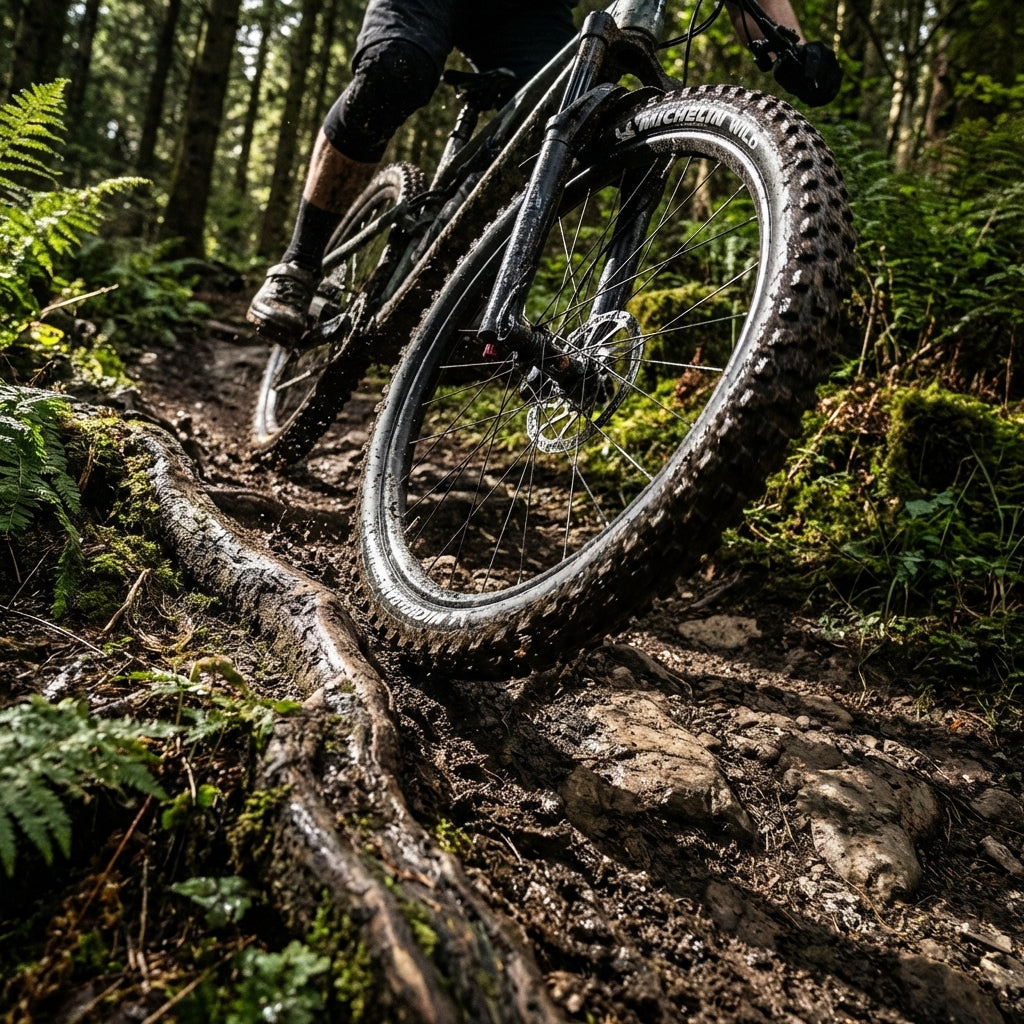 Schlammiger Michelin Wild Reifen am Mountainbike auf Wurzelpfad im Wald.