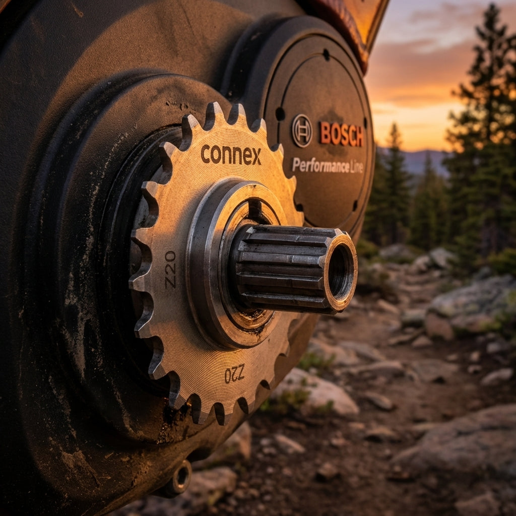 Connex E-Bike Antriebsritzel 17 Zähne für Bosch Performance Line Motor am E-MTB bei Sonnenuntergang.