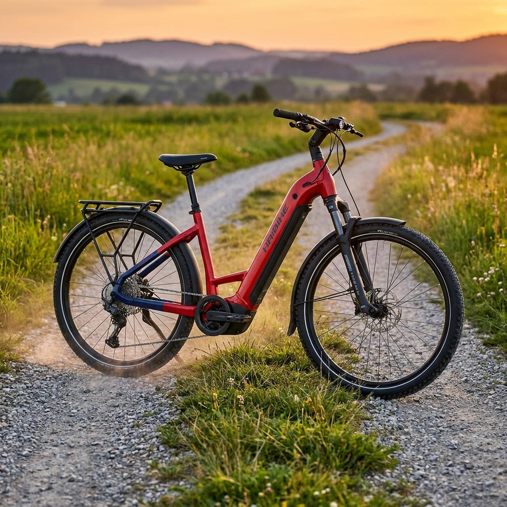 Haibike TREKKING 7 LOW E-Bike mit 800Wh Akku, rotem/blauem Rahmen und Tiefeinstieg. Ideal für Touren & Alltag. Kraftvoll & komfortabel.