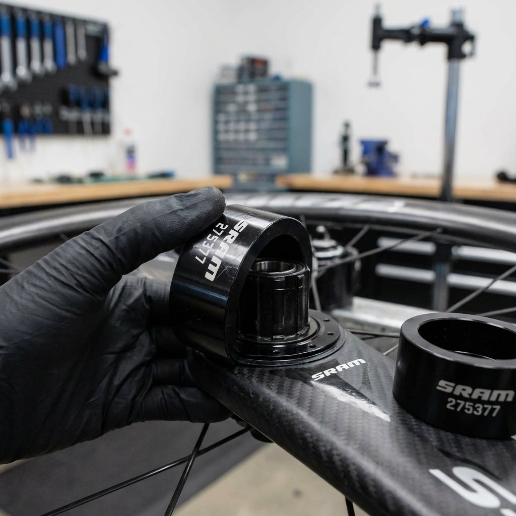 SRAM Lagerwerkzeug 275377 für S40/S60/S80 Flashpoint Laufräder, präzises Naben-Service-Tool an Carbonlaufrad.