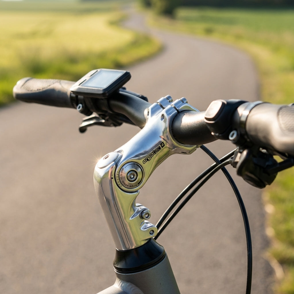 Ergotec AHEAD Vorbau Octopus 50 Alu silber am Fahrradlenker auf einer kurvigen Landstraße.