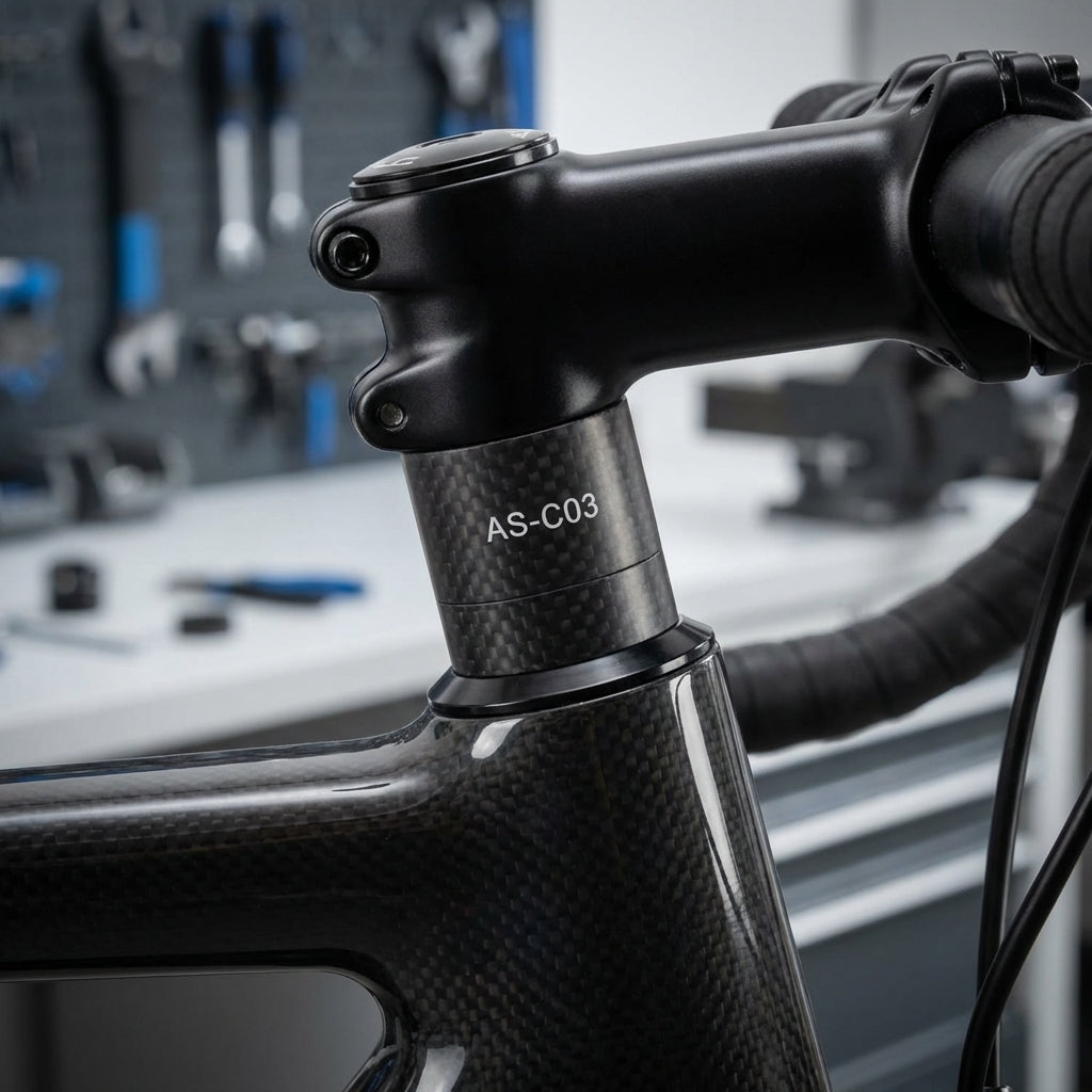 XLC A-Head Spacer Carbon schwarz 20mm 1 1/8 Zoll, montiert an einem modernen Carbon-Fahrrad.