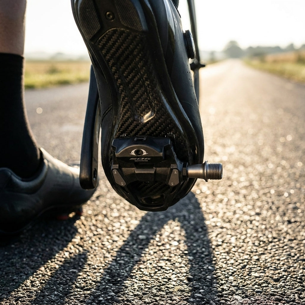 SHIMANO 105 PD-R7000 Rennrad-Klickpedal an SPD-SL Schuh mit Carbonsohle auf sonniger Straße.