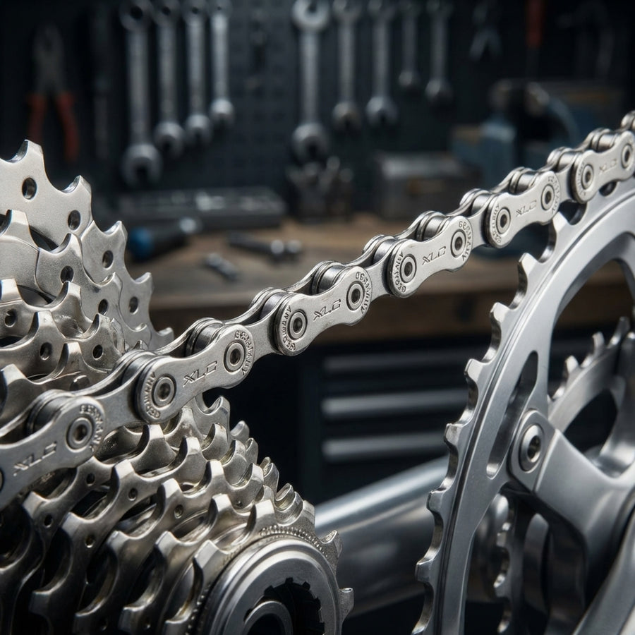 XLC Fahrradkette CC-C02 9-fach vernickelt für Korrosionsschutz und präzises Schalten mit Schnellverschluss.