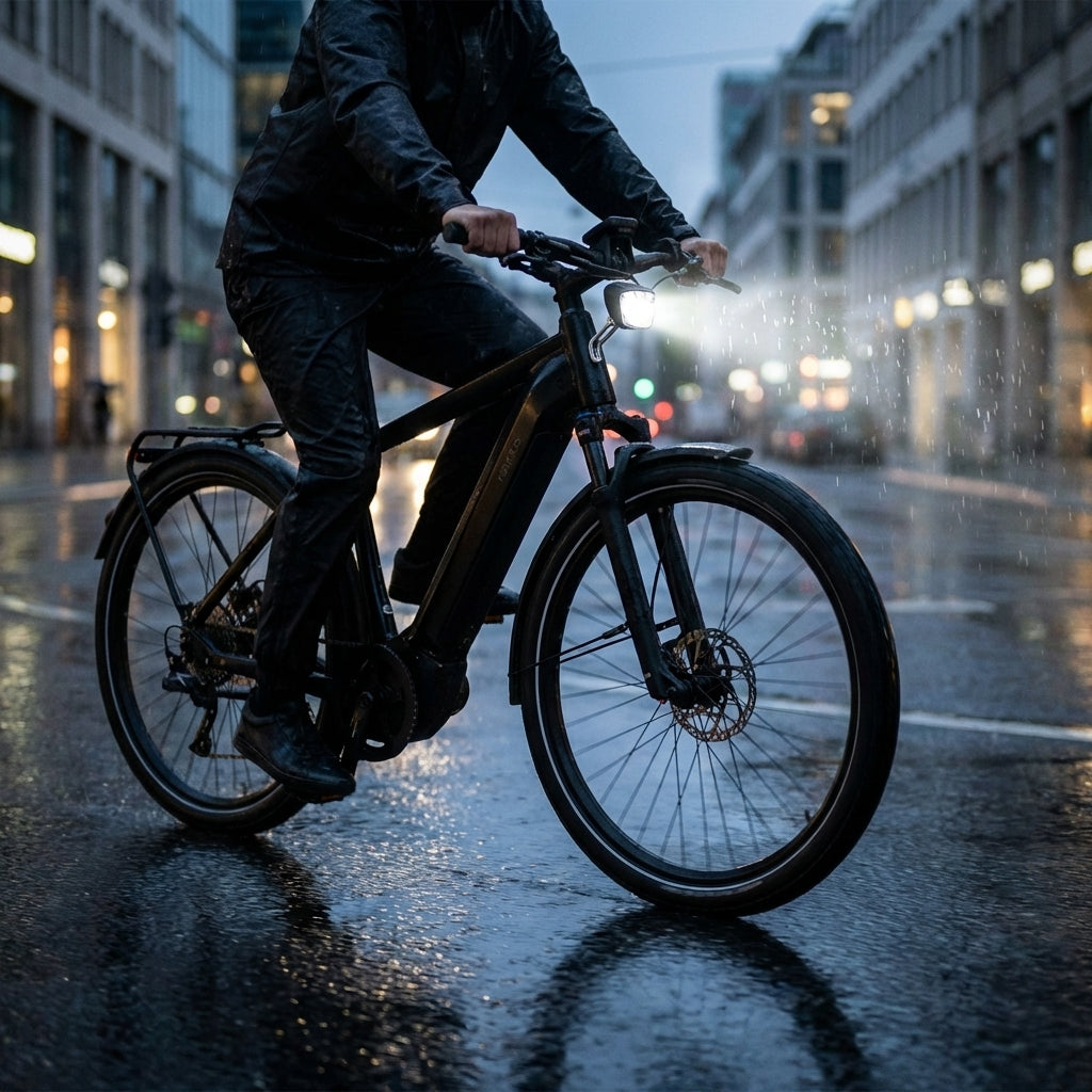 E-Bike-Fahrer mit Busch + Müller BRIQ-S T Senso E Scheinwerfer E-25 Schwarz bei Regen auf nasser Straße.