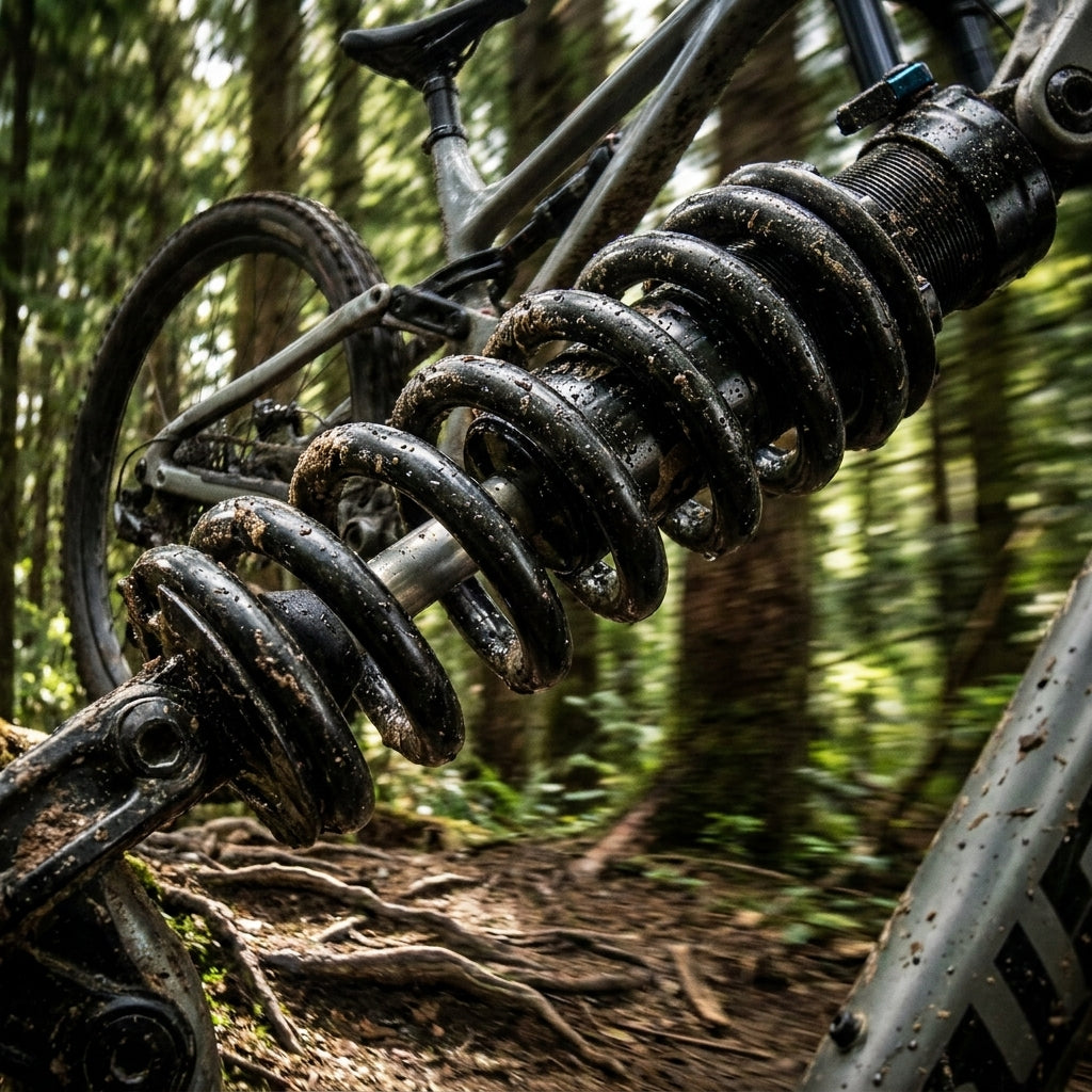 Schlammiges RockShox Feder Metric Coil 650LB am Mountainbike-Federbein auf Waldweg mit Wurzeln.