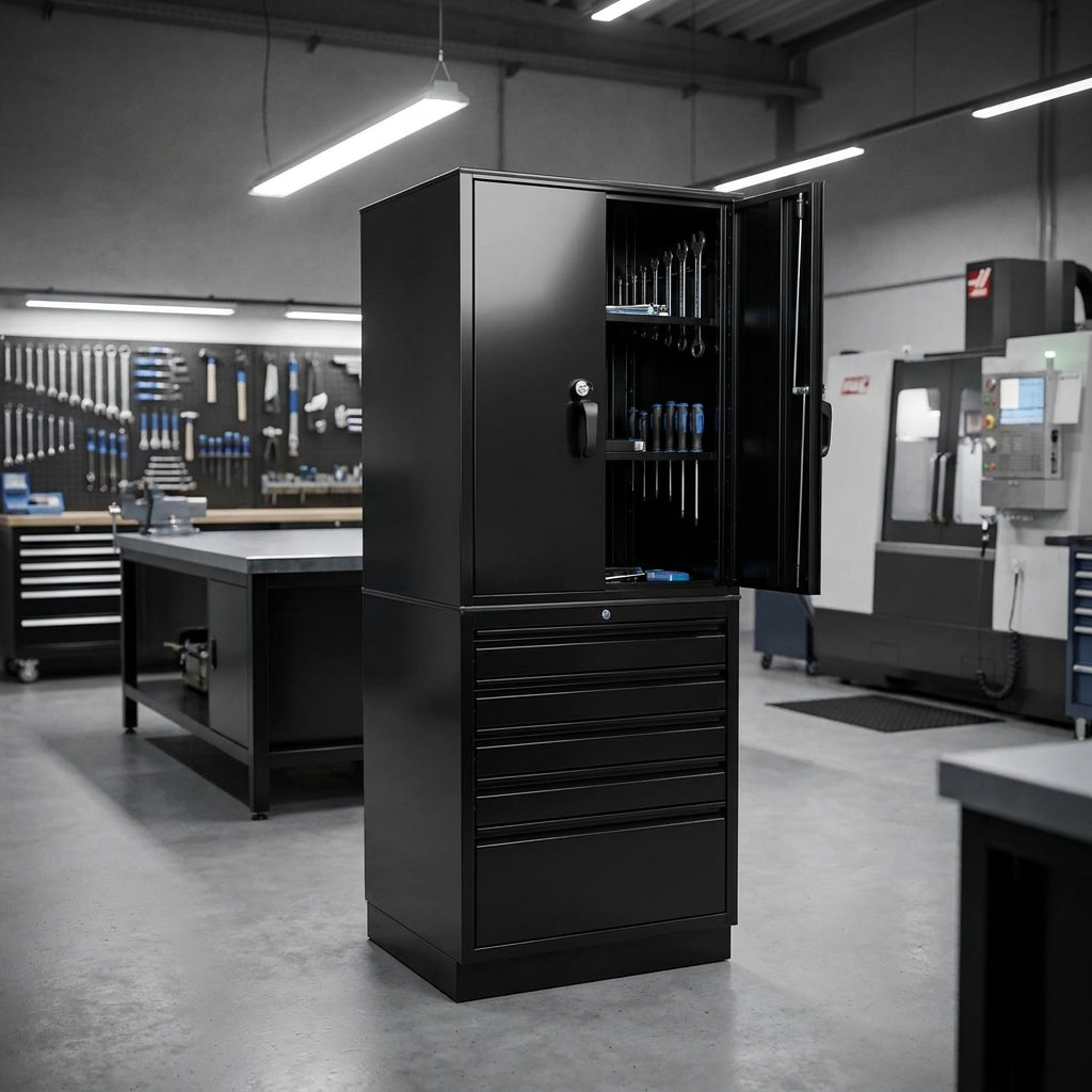 Unior Werkzeugschrank 949.1-BLACK, schwarz, offen mit Schraubenschlüsseln und Schraubendrehern in moderner Werkstatt.
