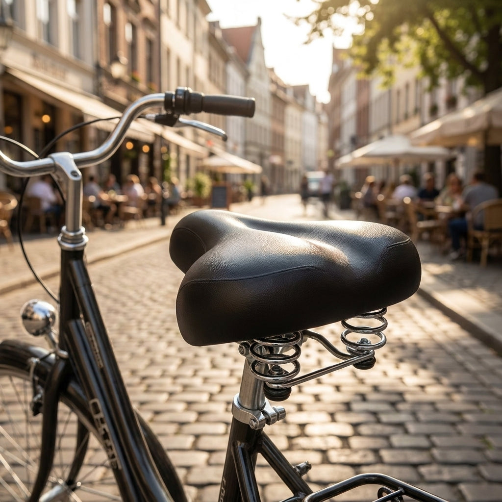 XLC Rock Sattel SA-T21 Unisex schwarz auf Fahrrad in sonniger Straße mit Kopfsteinpflaster und Cafés.