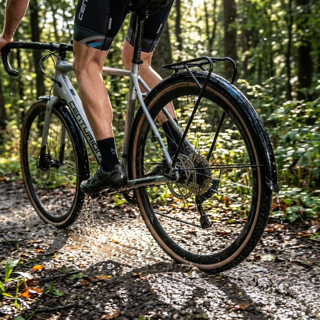 Centurion Gravelbike mit schwarzen 28 Zoll 51mm Nachrüst-Schutzblechen als Spritzschutz auf Waldweg.
