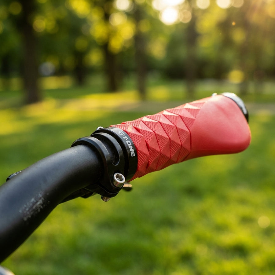 Ergonomische T-One Diamond Plus Fahrradgriffe in Rot für Drehgriffschalter mit anpassbarer Länge und Diamantstruktur.
