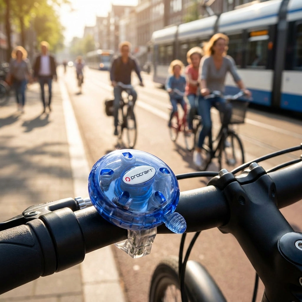 Procraft Klingel Fun blau am Fahrradlenker, Radfahrer und Straßenbahn im Hintergrund, für mehr Sicherheit.