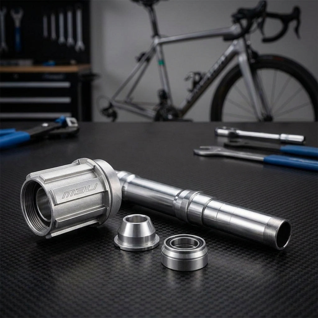 Campagnolo N3W RetroFit Kit AC21-N3WRFCC: Freilaufkörper, Achse, Lager auf Werkbank, Fahrrad im Hintergrund.