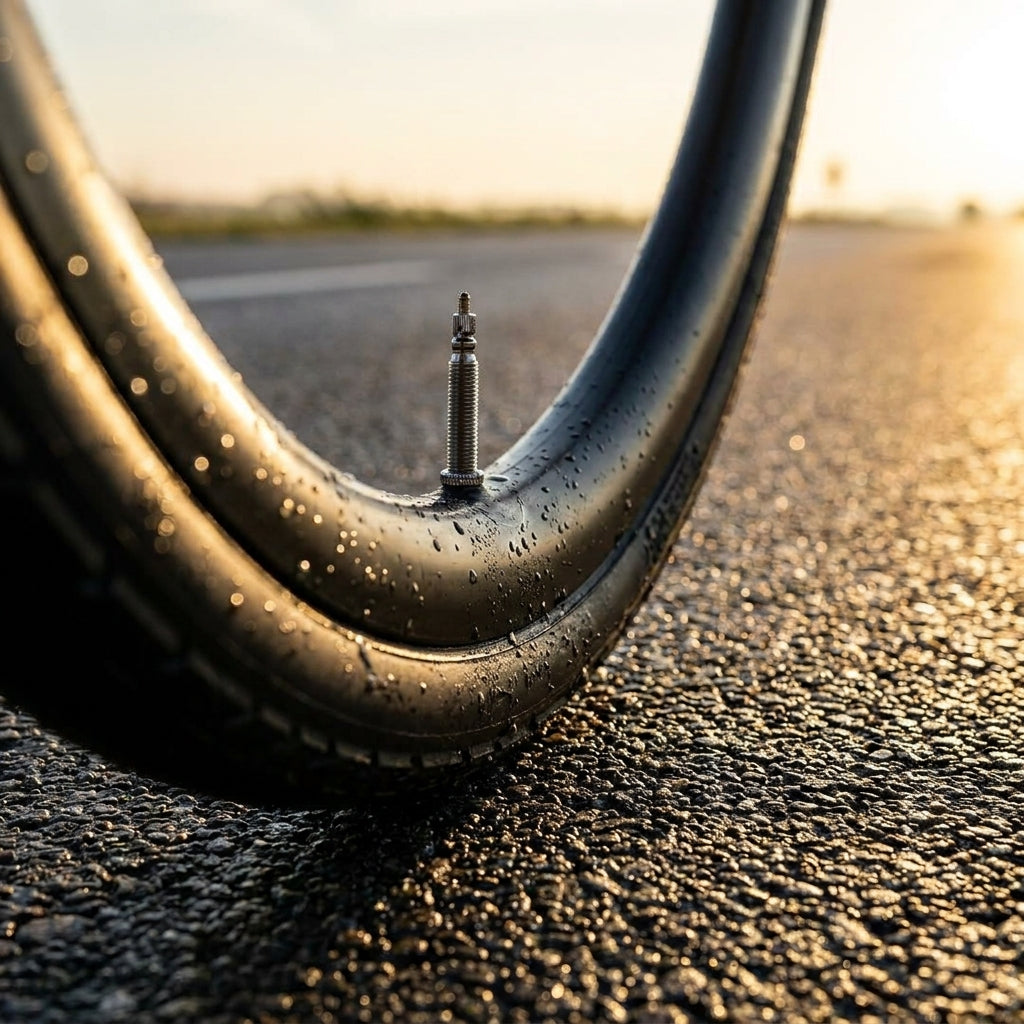 Pirelli SPORTUBE 28" Rennradschlauch mit SV 48mm Ventil am nassen Reifen auf Asphalt bei Sonnenlicht.
