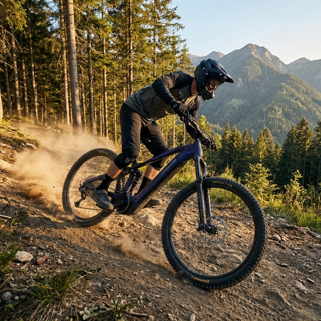 Haibike ALLMTN E-Mountainbike in Indigo auf staubigem Trail bergab fahrend, mit Wald und Bergen im Hintergrund.