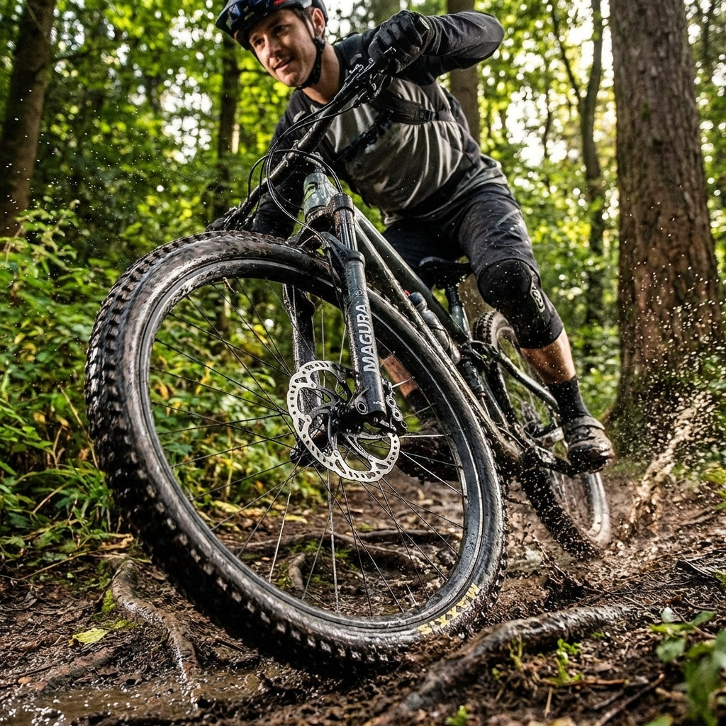 Mountainbiker im Wald mit Magura Scheibenbremse, passend für Voxom Bremsbeläge Bsc14 Magura Marta.