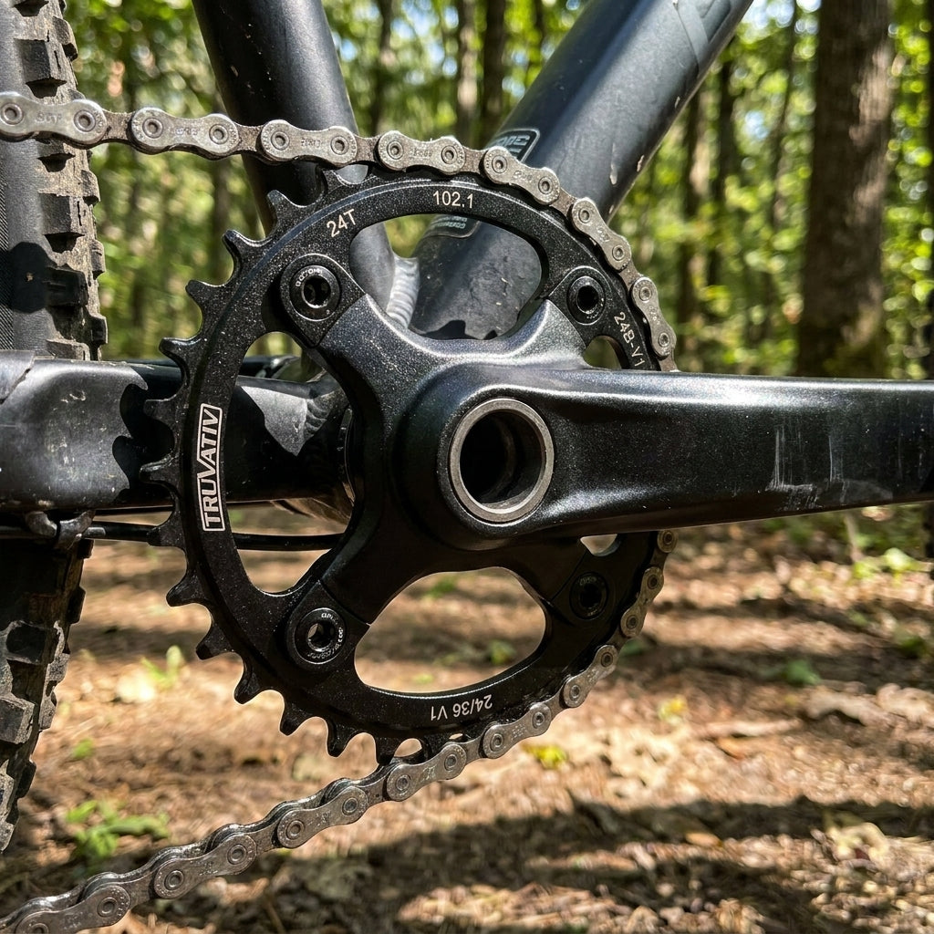 Truvativ Kettenblatt MTB Trekking 24 Zähne schwarz aus Aluminium am Fahrrad im Wald.
