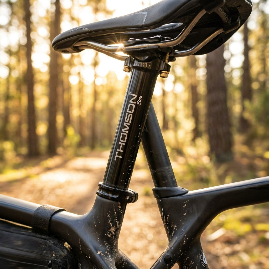 Schwarze Thomson Elite Patentsattelstütze 30,9mm am Fahrrad im sonnigen Wald.