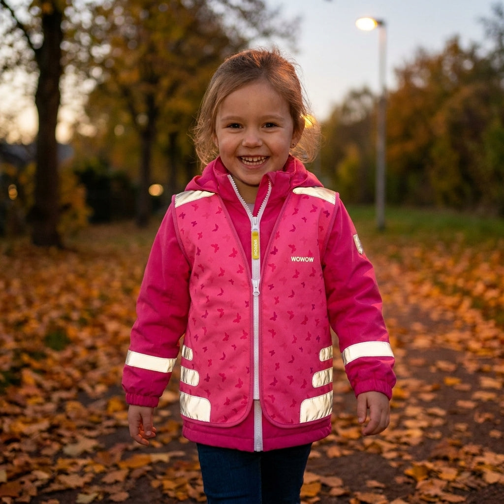 Wowow Sicherheitsweste Nutty Jacket für Kinder, pink, mit reflektierenden Streifen. Schützt Ihr Kind im Straßenverkehr.