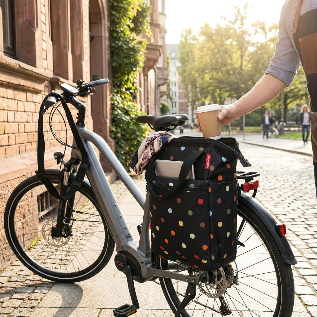 KLICKfix Reisenthel ROOMY GT dots Gepäckträgertasche für E-Bike und Fahrrad. Praktische, stilvolle Fahrradtasche.