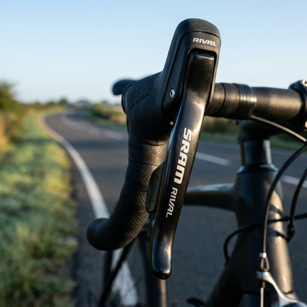 SRAM Rival 1 Bremshebel aus Aluminium am Rennrad auf einer Landstraße, Blick über den Lenker.