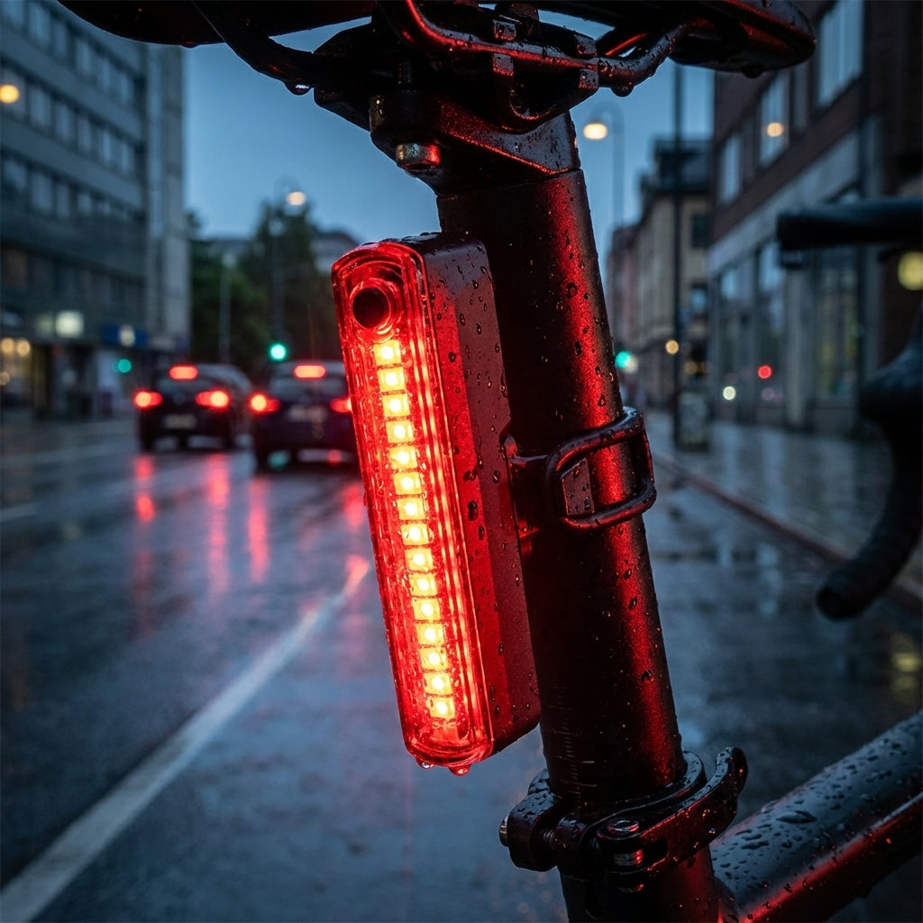 Litemove TL03 rotes Fahrrad-Rücklicht im Regen in der Stadt, am Sattelrohr befestigt.