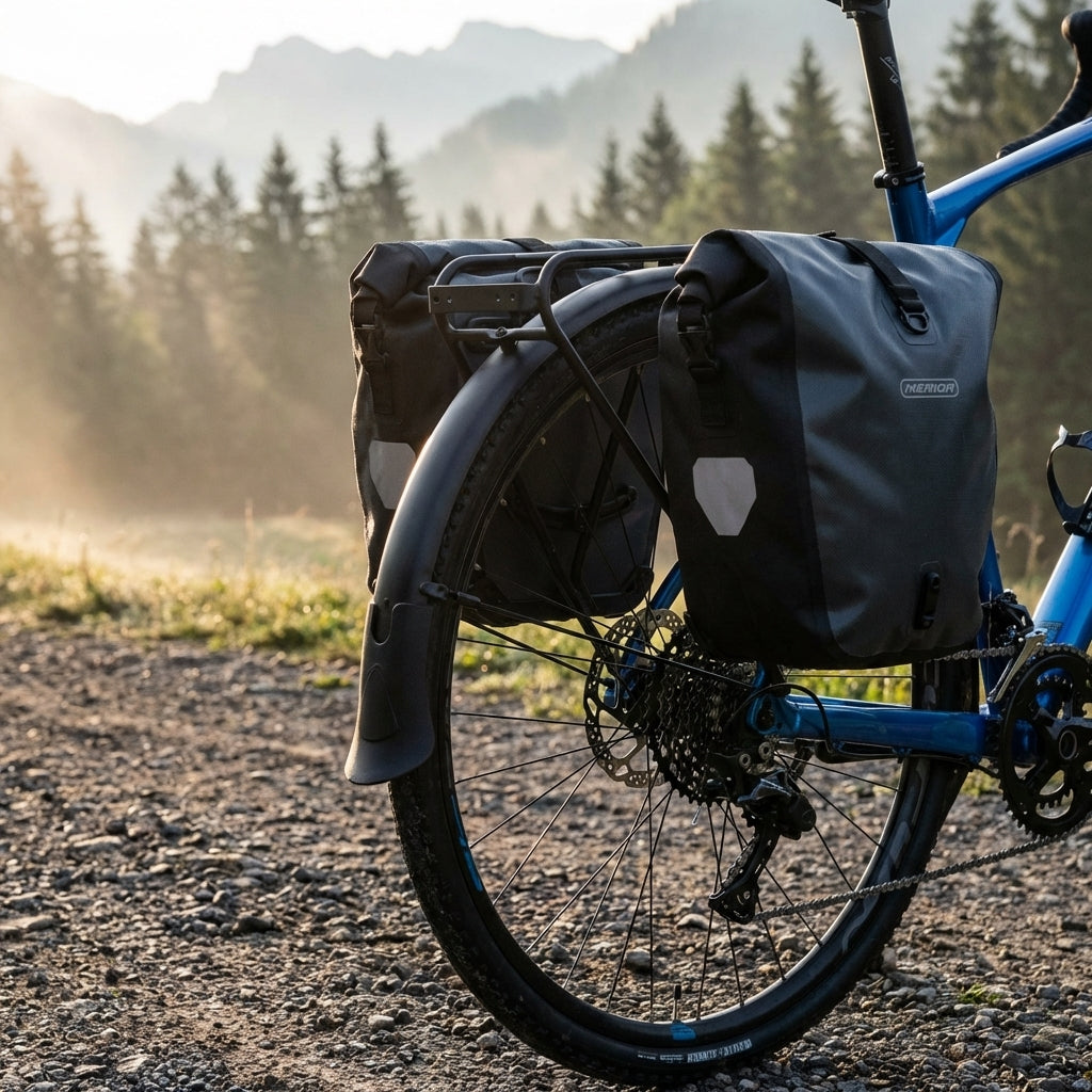 Merida EQ Set SILEX Gepäckträger Schwarz Nachrüstlösung am blauen Fahrrad mit schwarzen Packtaschen in der Natur.