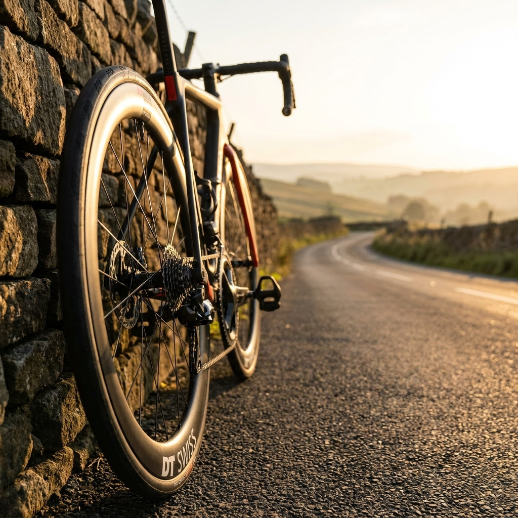 DT Swiss ERC 1100 DICUT Disc Aero-Endurance-Laufrad am Rennrad, an Steinmauer auf Landstraße im Sonnenuntergang.
