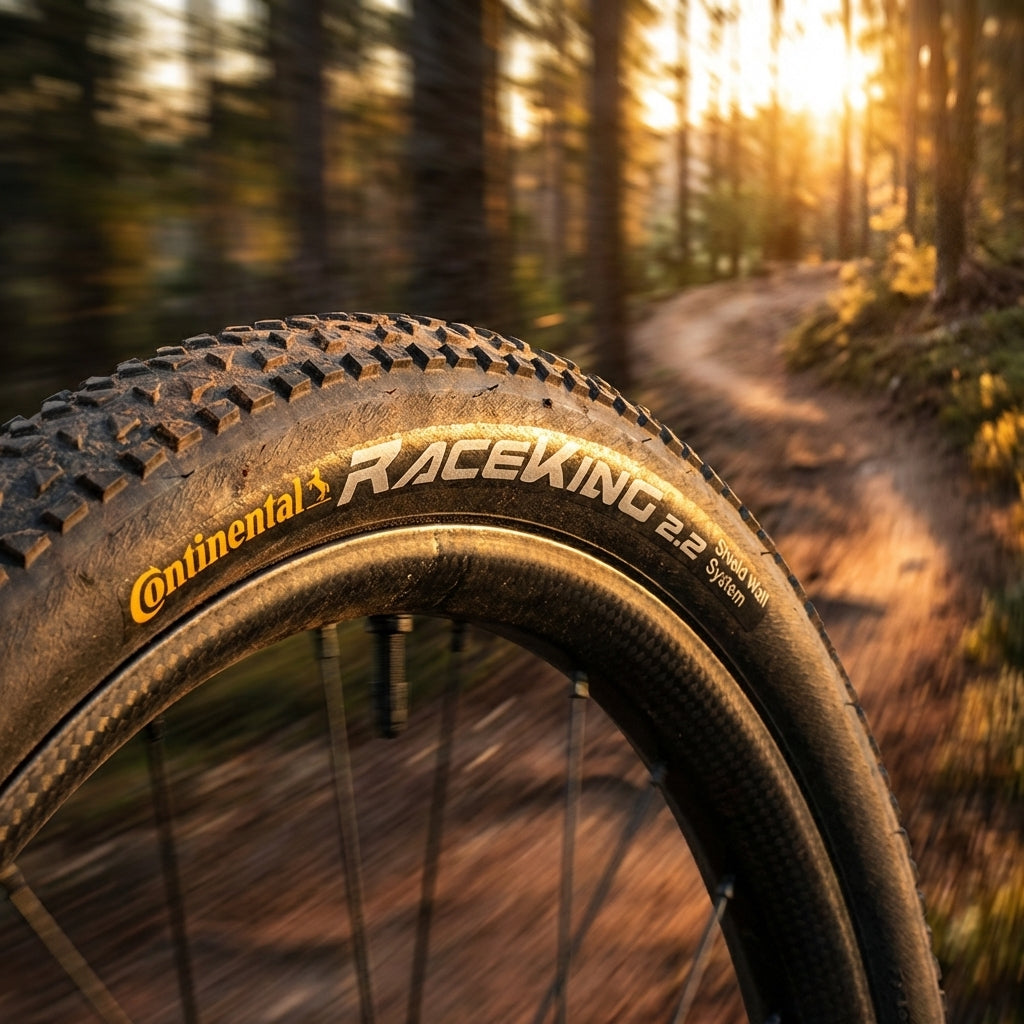 Continental Race King 2.2 Performance MTB Reifen auf Laufrad im Wald bei Sonnenlicht.