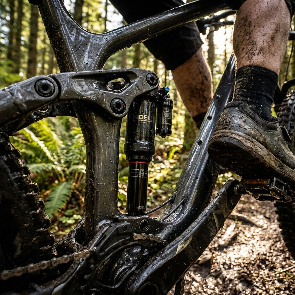Rockshox Deluxe Air Hinterraddämpfer an schlammigem Mountainbike. Detail der Federung in Waldumgebung.