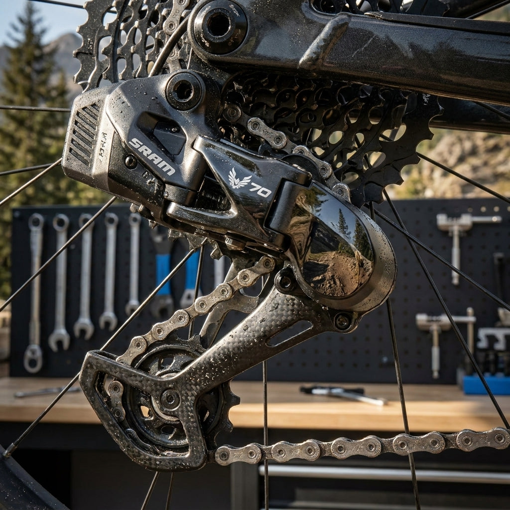 SRAM Eagle 70 Transmission Schaltwerk mit Gehäusedeckel und Kette, montiert am Mountainbike.