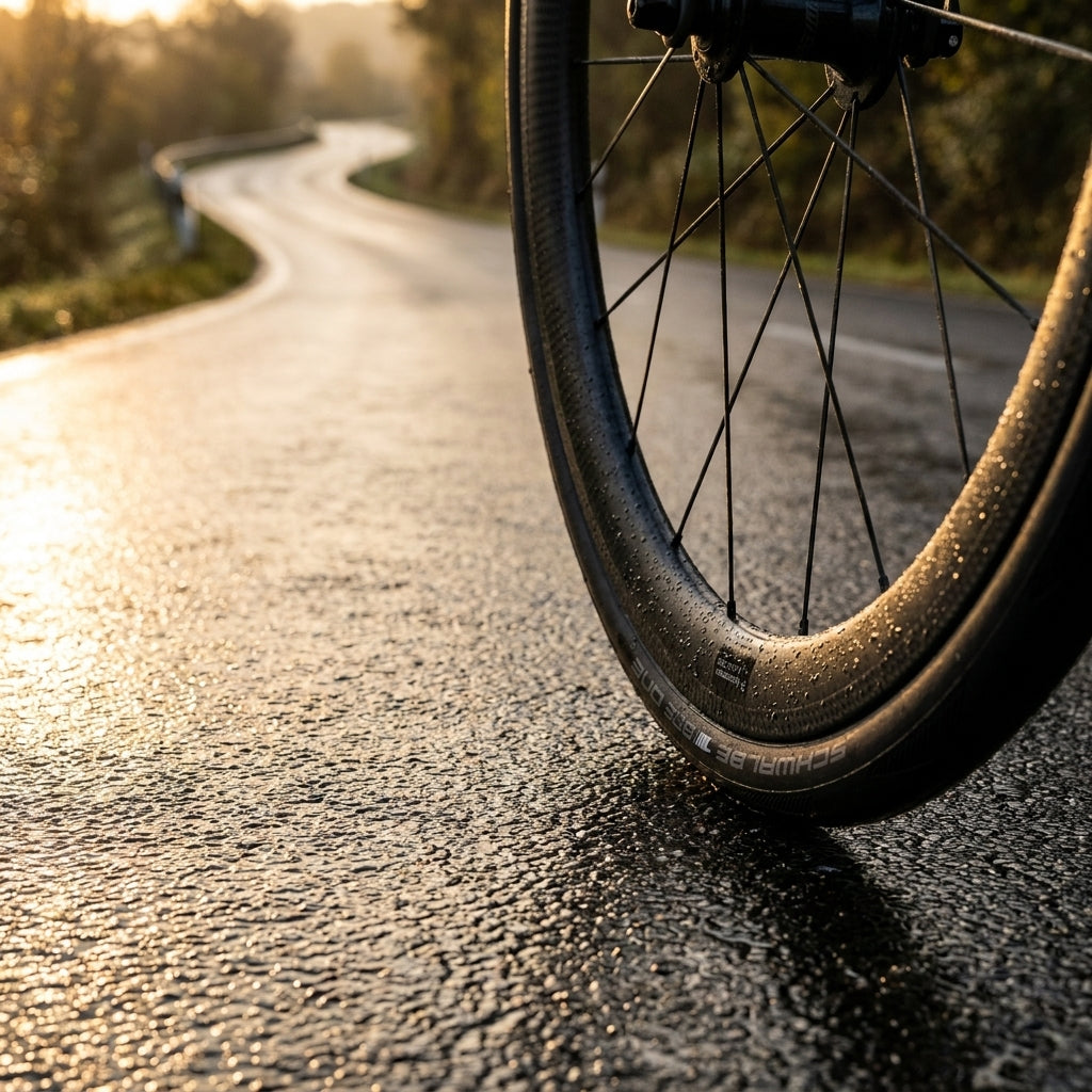 Schwalbe ONE Faltreifen auf nassem Asphalt, Wassertropfen, kurvige Straße im goldenen Morgenlicht.