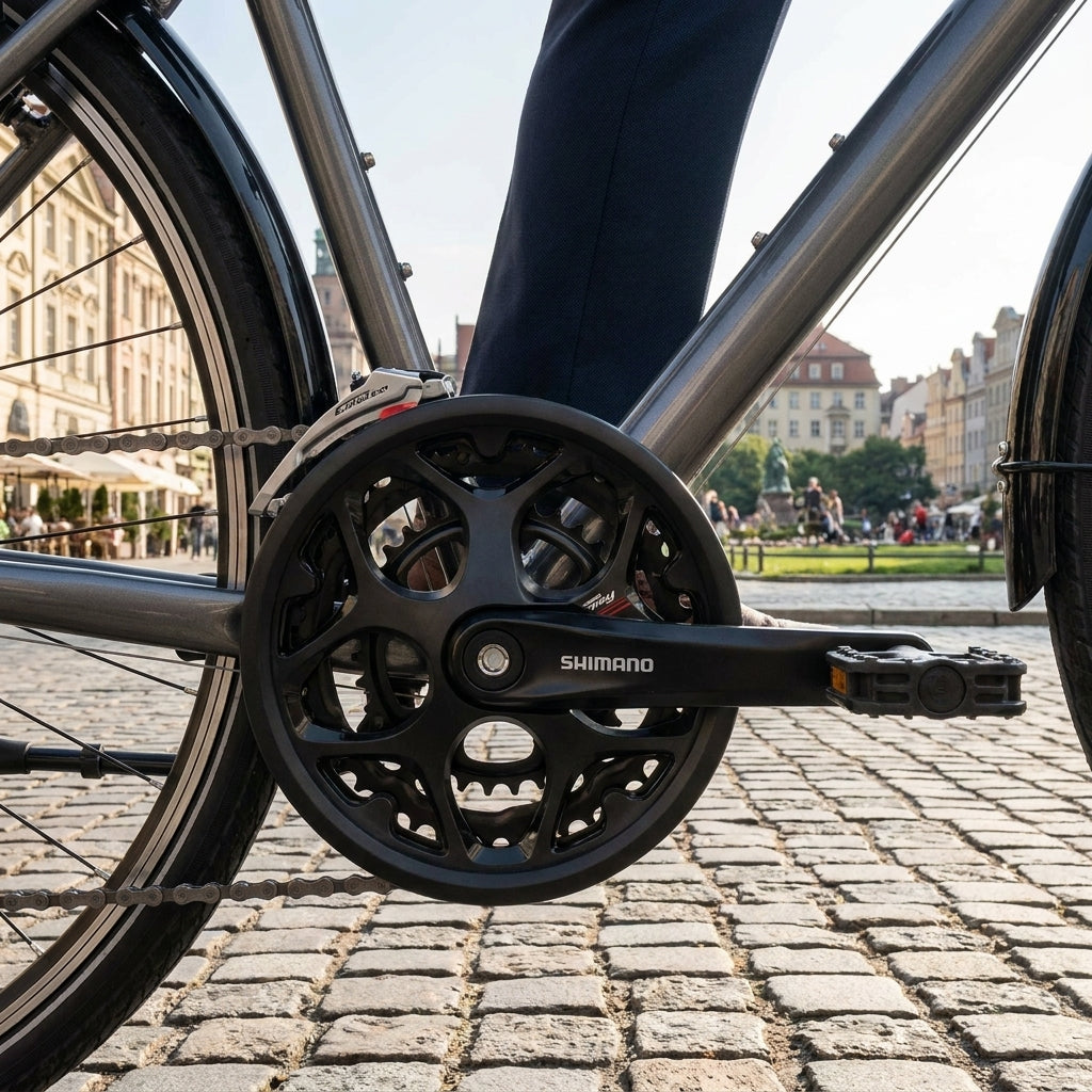 SHIMANO Kettenschutzring FC-A070 an Fahrradkurbel, Kopfsteinpflaster im urbanen Umfeld.