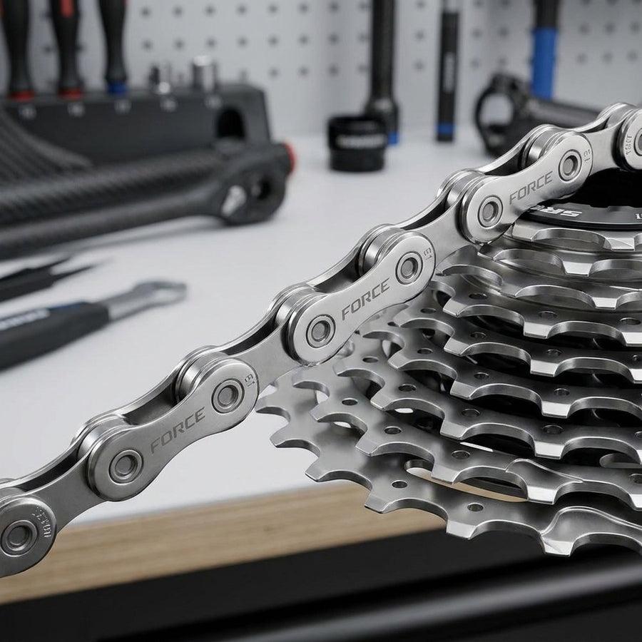 Silberne SRAM PC Force AXS E1 Fahrradkette auf Kassette, leise, haltbar, schaltstark.