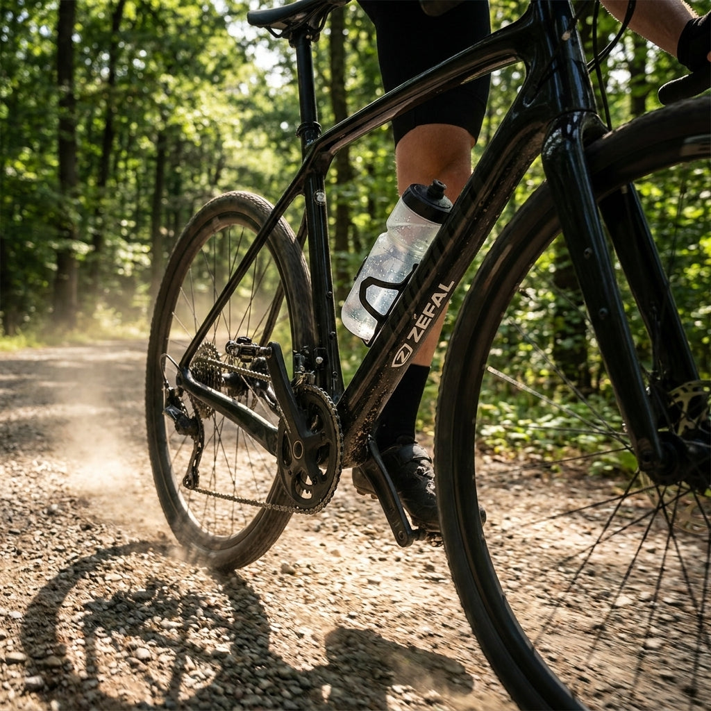 Zefal Pulse Z2 schwarzer Trinkflaschenhalter am Fahrrad auf Schotterweg im Wald.