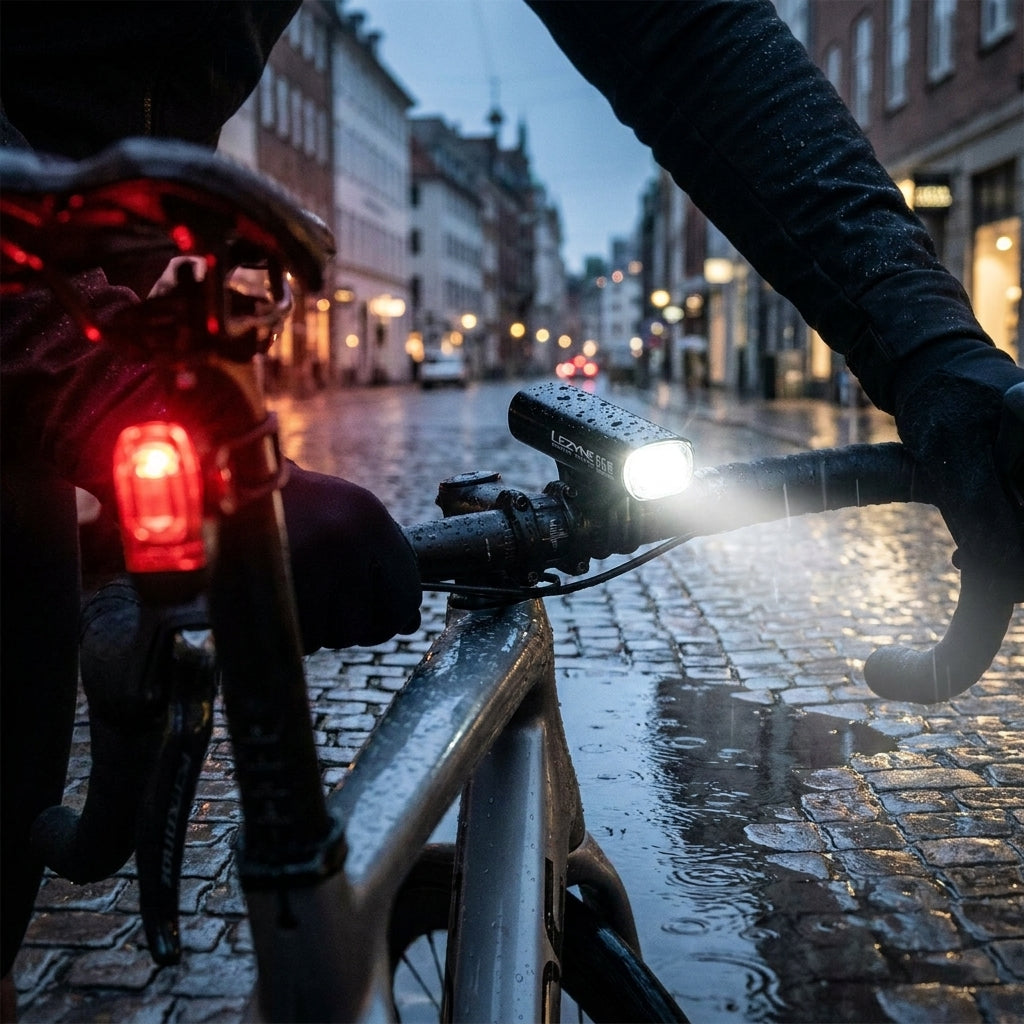 Lezyne StVZO Fahrradbeleuchtung Set Hecto Pro 65 und KTV am Bike in regnerischer Stadt bei Nacht für Sicherheit.