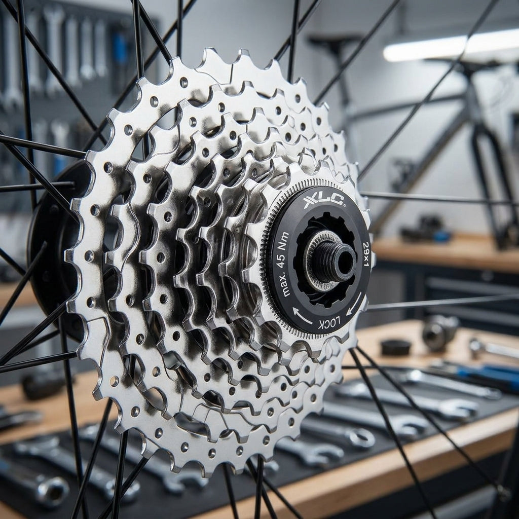 XLC 8-fach Zahnkranz-Kassette Shimano auf Fahrradnabe, glänzend im Werkstatt-Hintergrund.