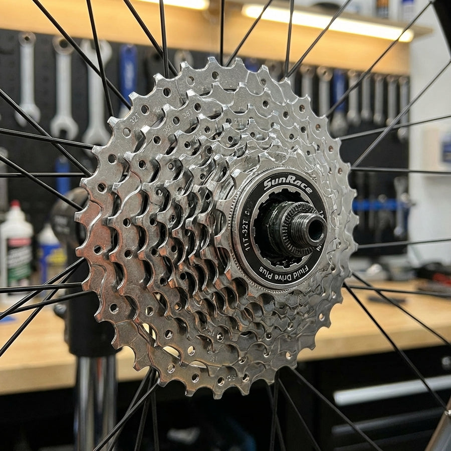 SunRace 8-Fach Schraubzahnkranz 13-32 Zähne, silber, am Fahrrad-Hinterrad montiert.