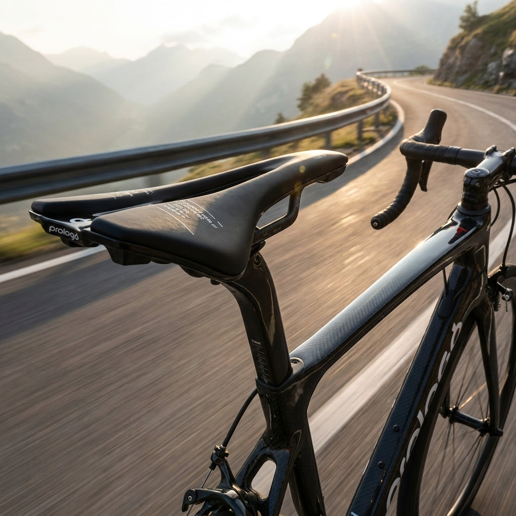 Prologo Nago R4 Nack ultraleichter Carbon-Rennradsattel (159g) auf schwarzem Rennrad vor Bergpanorama.
