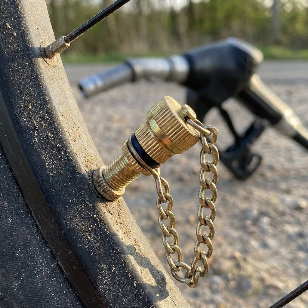Messing Reduziernippel mit Kette und Gummidichtung am Fahrradreifen, bereit zum Aufpumpen.