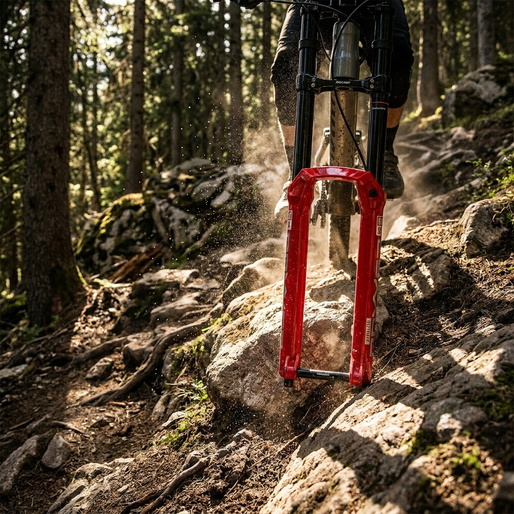 Rote RockShox BoXXer Ultimate Federgabel an Mountainbike auf felsigem Waldweg, Staub aufwirbelnd.