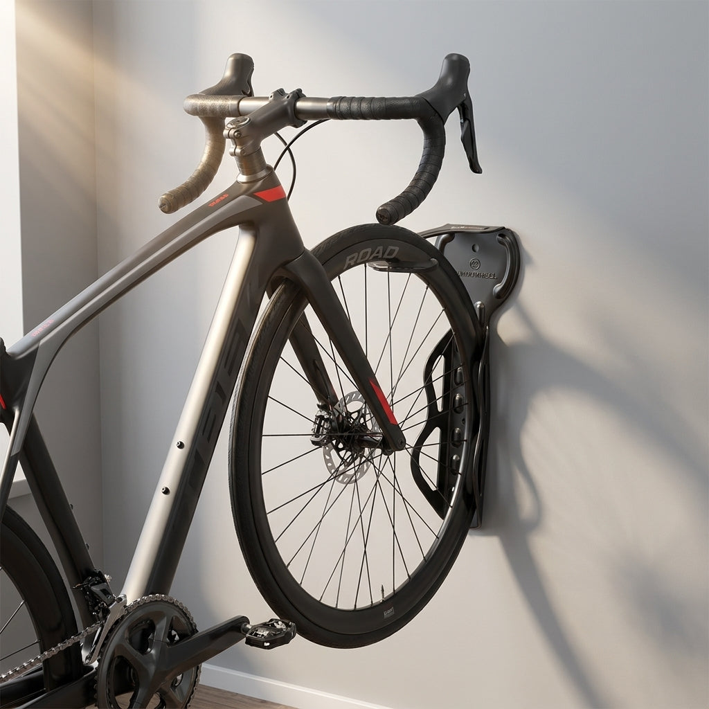 Sunnywheel Fahrrad Wandhalter Road hält graues Rennrad vertikal an weißer Wand.