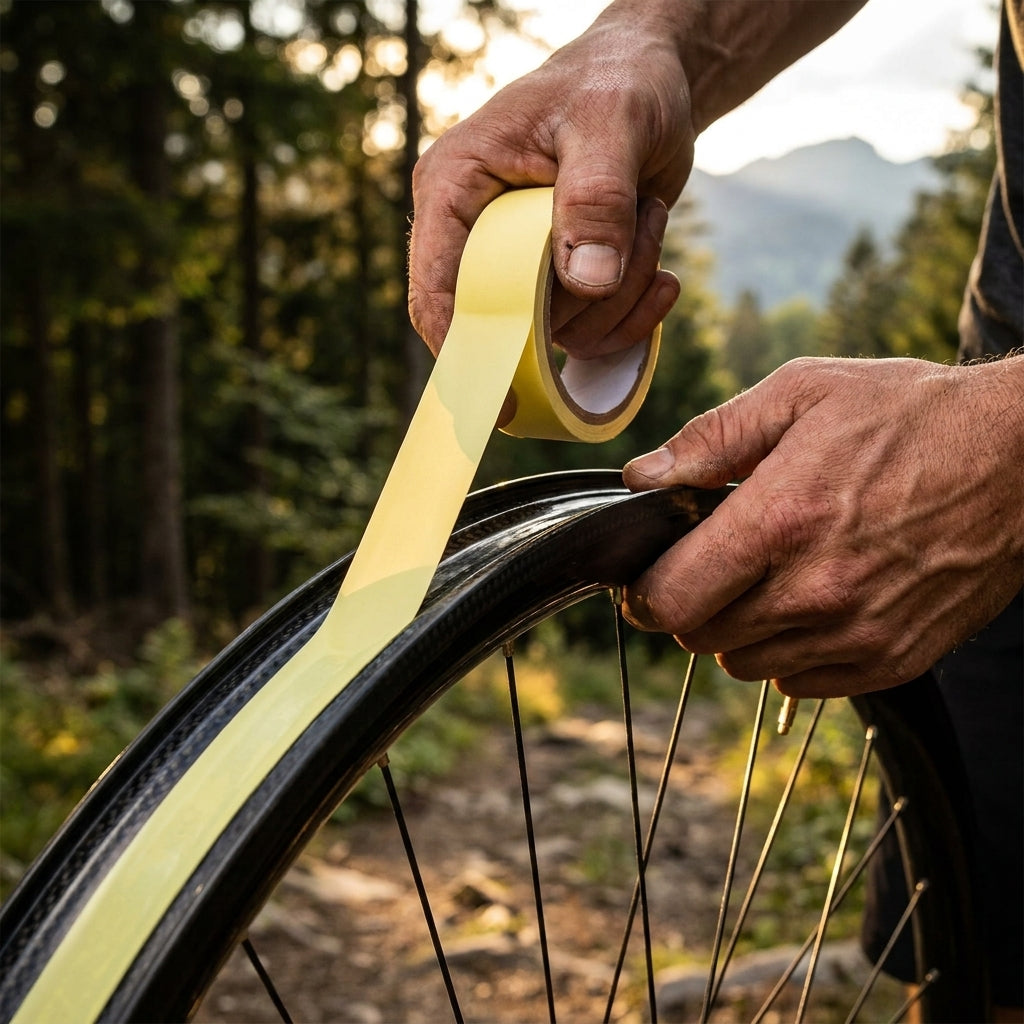 Hände montieren gelbes XLC Tubeless Tape BL-W23 11mx29mm auf eine Fahrradfelge im Wald.