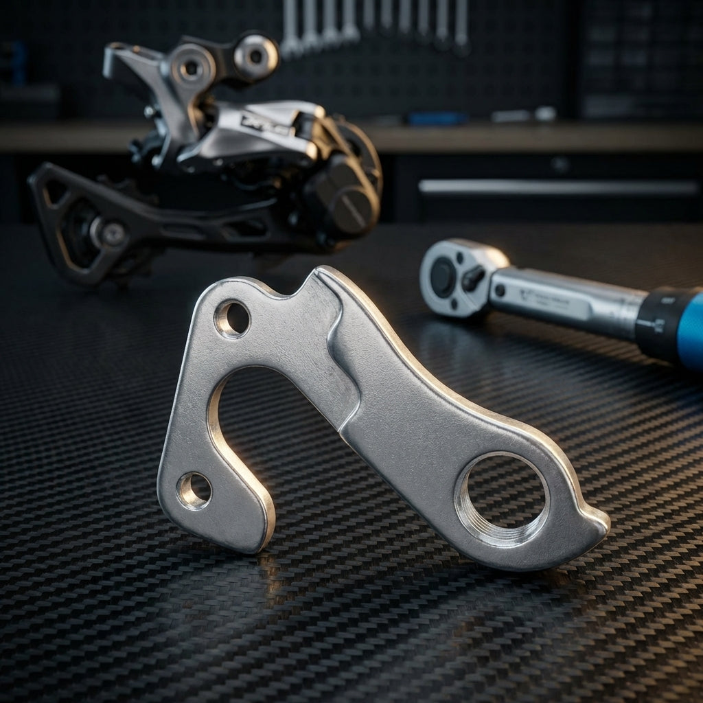 Silbernes XLC Schaltauge DO-A35 aus geschmiedetem Aluminium für präzise Schaltung an MTB und Rennrad.